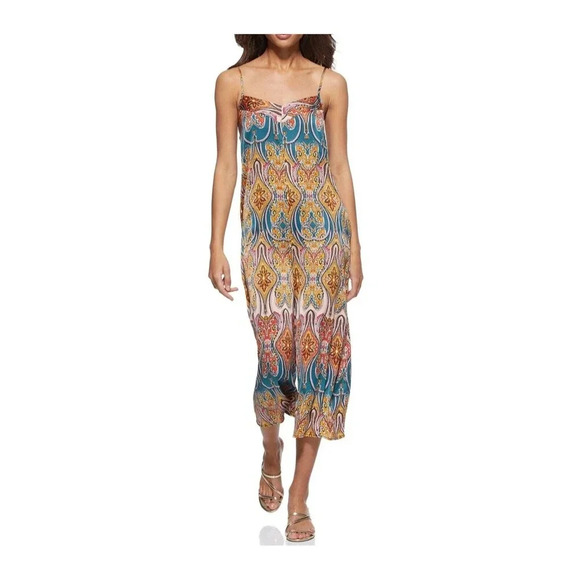 Scoop Women's Boho Satin Floral Romper Large 12-14 Sleeveless Navy Orange Flowy - Picture 1 of 12